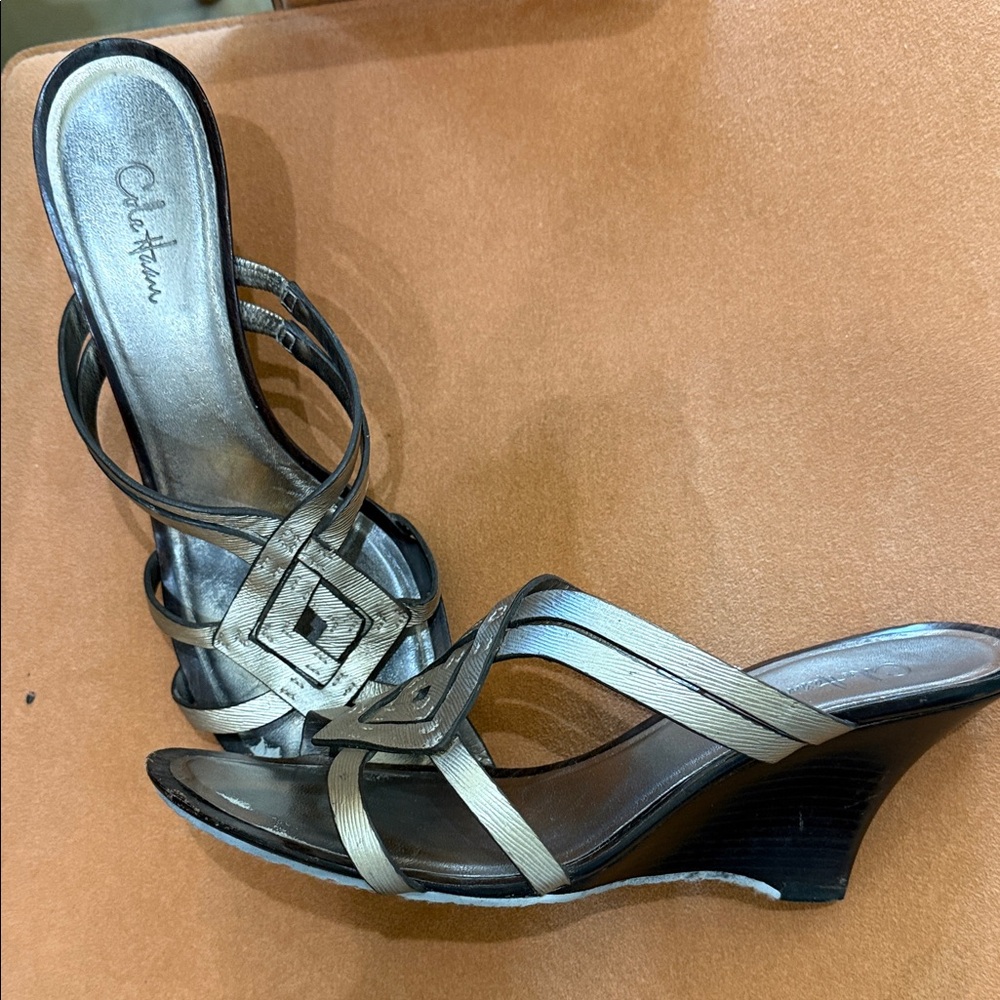 Cole Haan Jenna Wedge Slides Metallic Strappy Heels